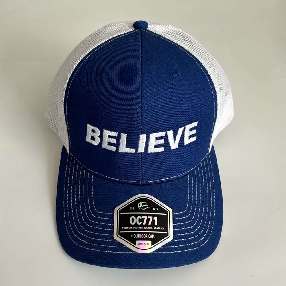 Premium modern trucker "BELIEVE" blue baseball hat Ryan Binkley 2024